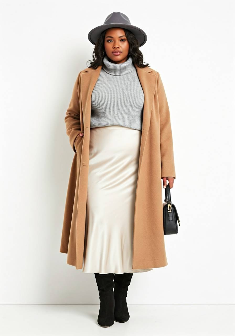 A woman wearing a satin skirt, high boots, a chunky turtleneck sweater, a coat, a hat, and a handbag.