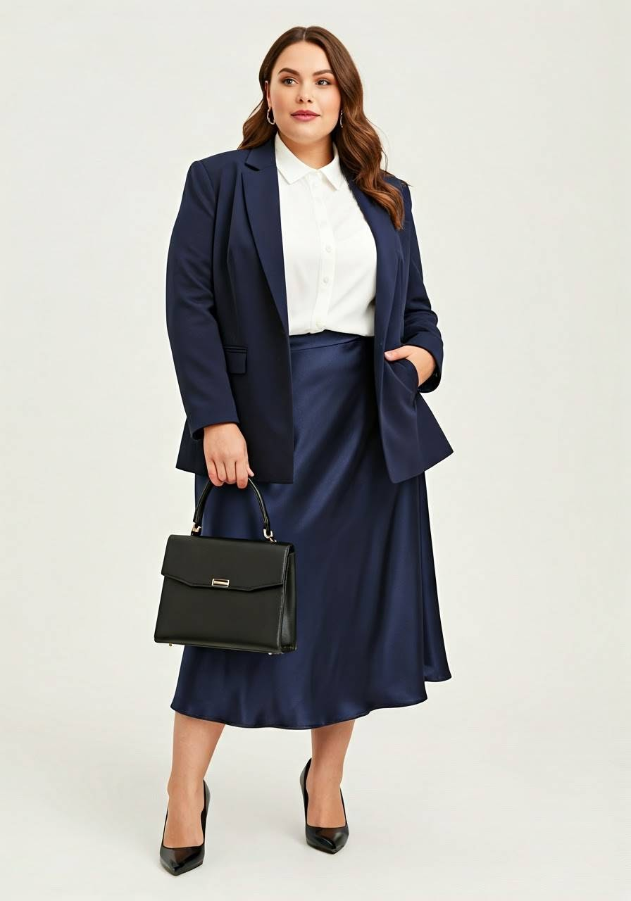 A woman wearing a satin skirt, a matching oversized blazer, a tucked-in blouse, heels, and a portfolio bag.