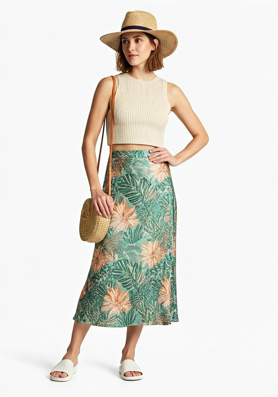 A woman wearing a satin skirt, a cropped ribbed tank top, slides, a shoulder bag, and a hat.