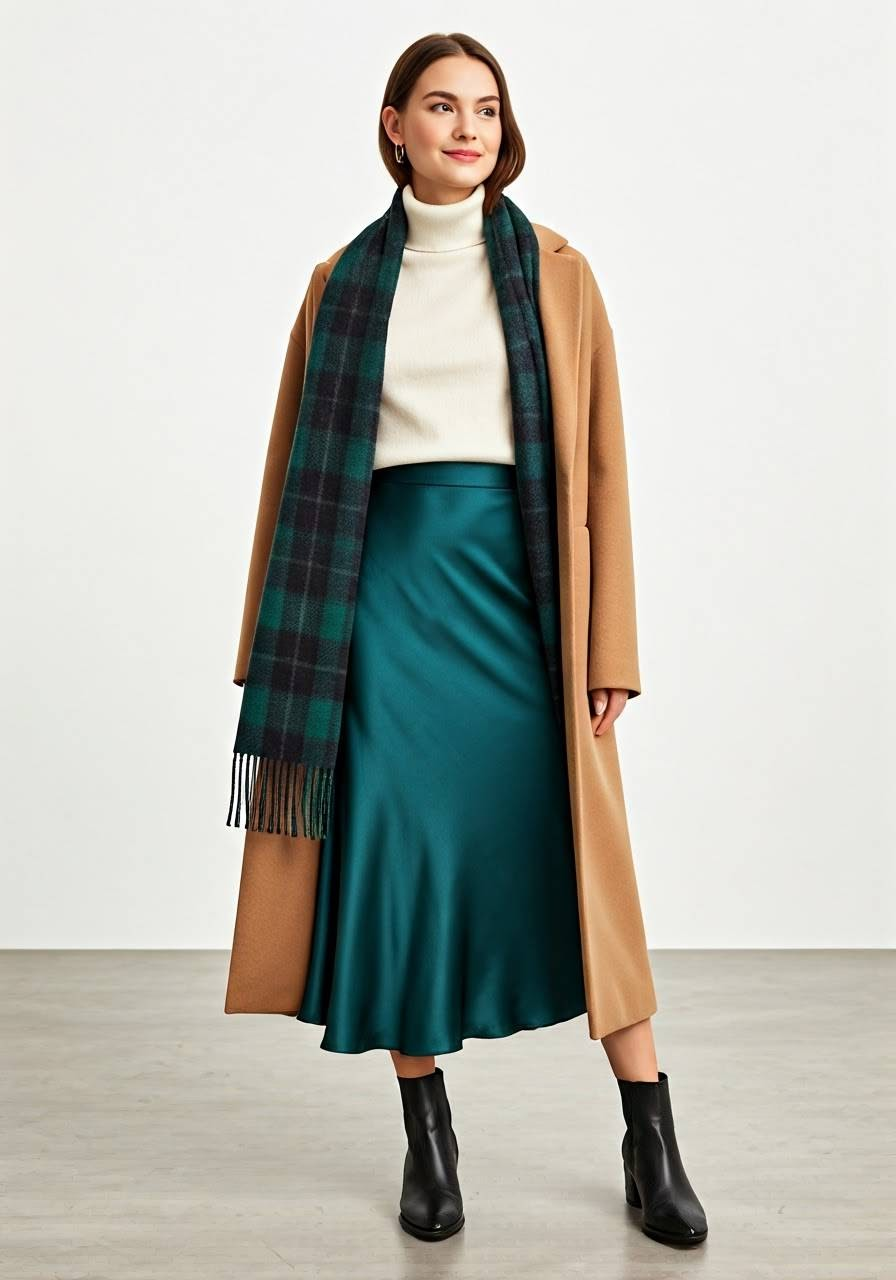 A woman wearing a satin skirt, a turtleneck sweater, a coat, a scarf, and ankle boots.
