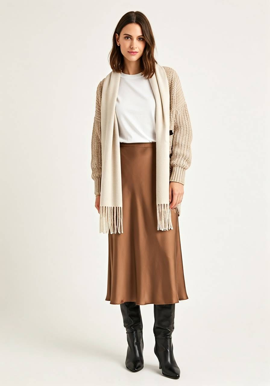 A woman wearing a satin skirt, high boots, a white tee, a knit cardigan, and a soft scarf.