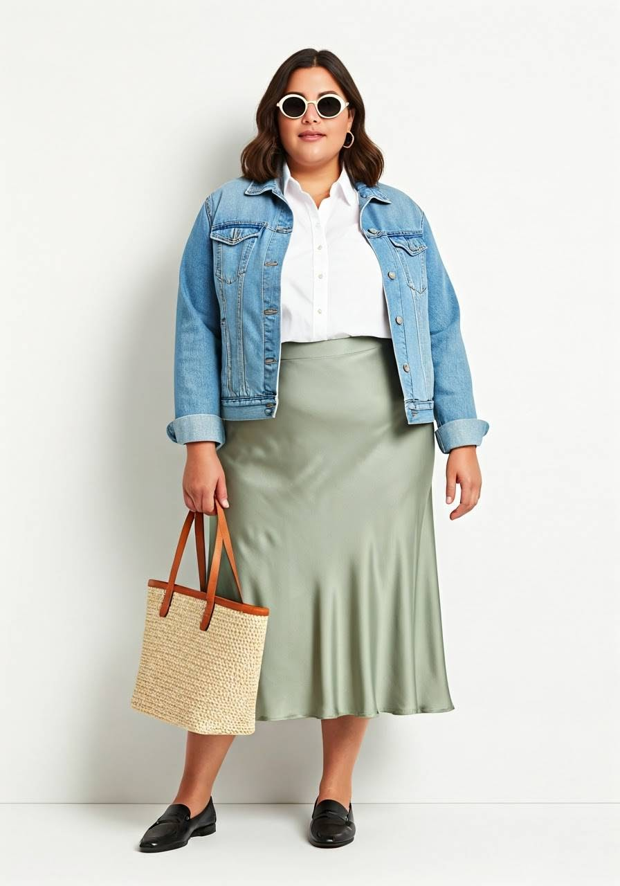 A woman wearing a satin skirt, a button-down shirt, black loafers, a woven tote, a denim jacket, and sunglasses.