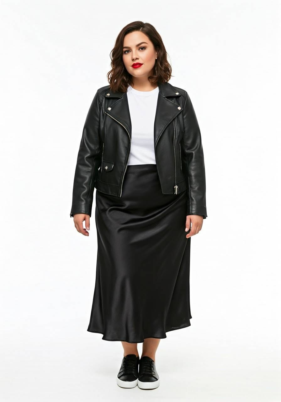 A woman wearing a satin skirt, sneakers, a white tee, and a leather jacket.