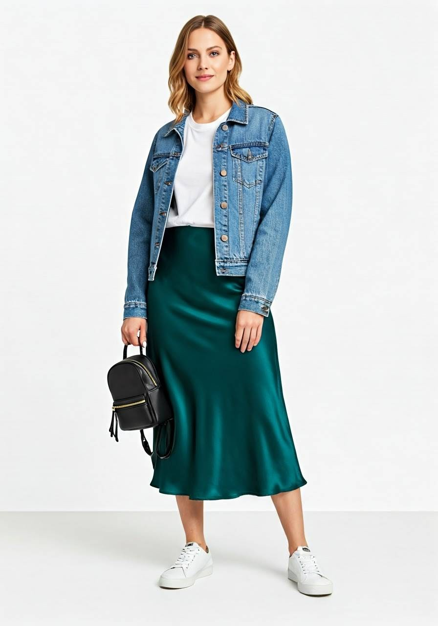 A woman wearing a satin skirt, sneakers, a white tee, a denim jacket, and a black backpack.