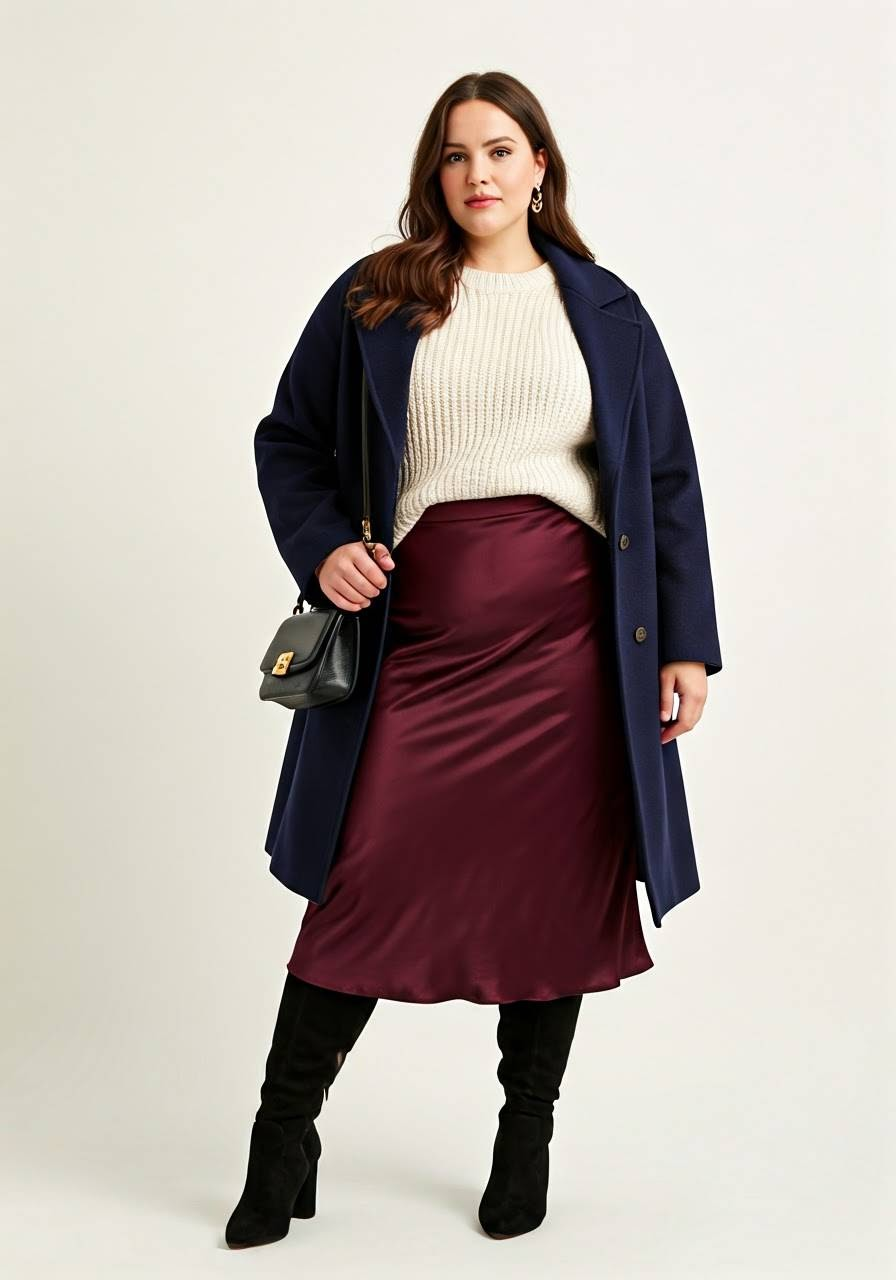 A woman wearing a satin skirt, knee-high boots, a knit sweater, a peacoat, and a shoulder bag.