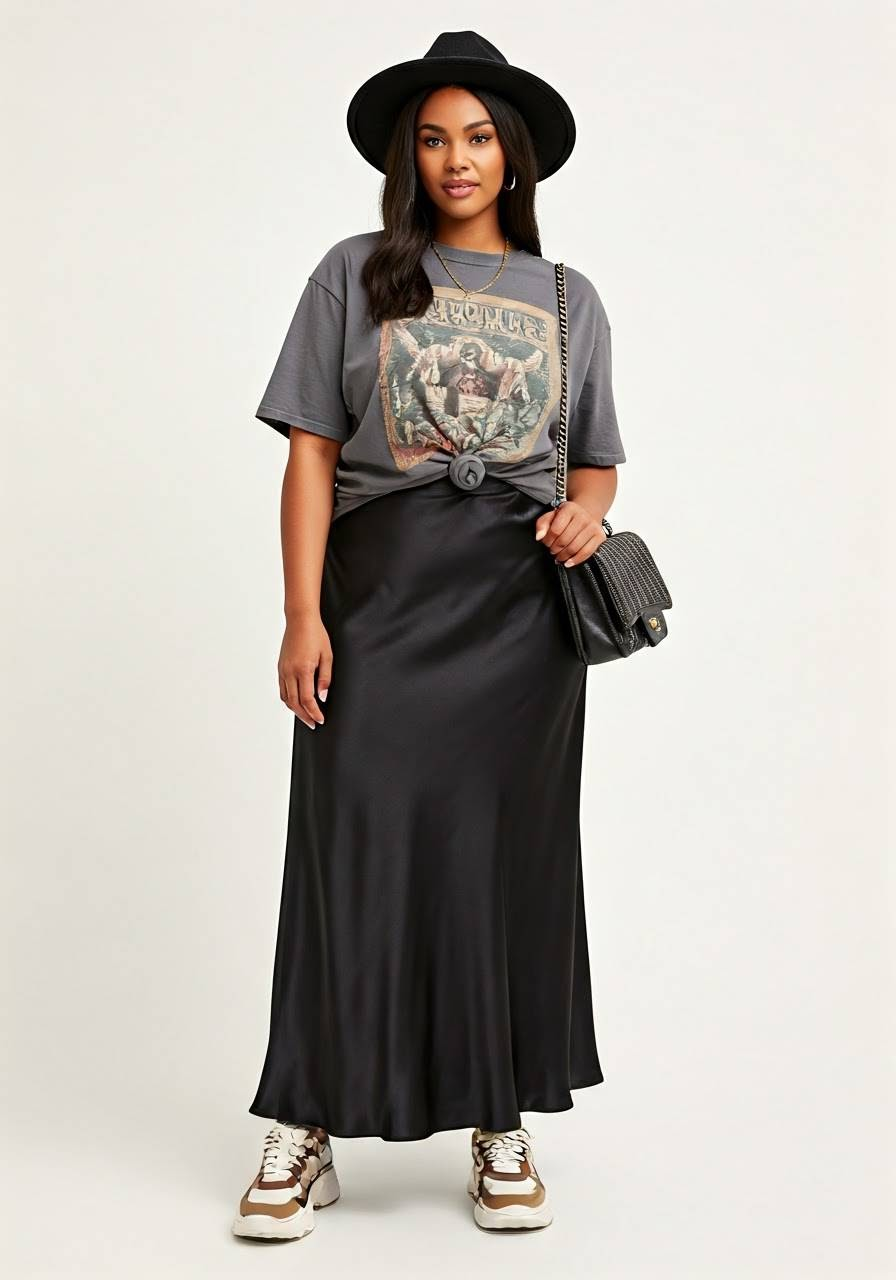 A woman wearing a satin skirt, chunky sneakers, a band tee, a shoulder bag, and a hat.