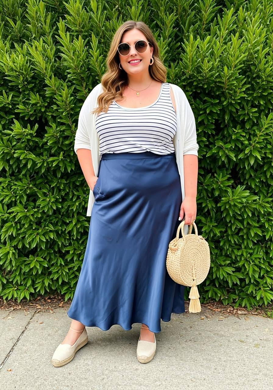 A woman wearing a satin skirt, espadrilles, a striped tank top, a round straw bag, a cardigan, and sunglasses.