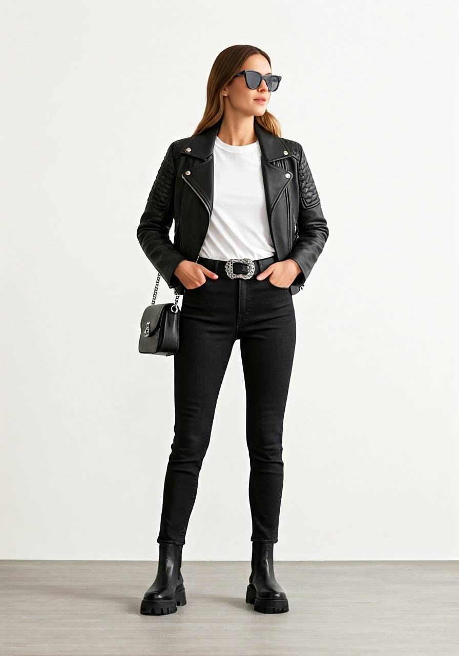 Woman wearing a black leather jacket, white t-shirt, black skinny jeans, chunky black boots, and sunglasses, accessorized with a belt and black crossbody bag.