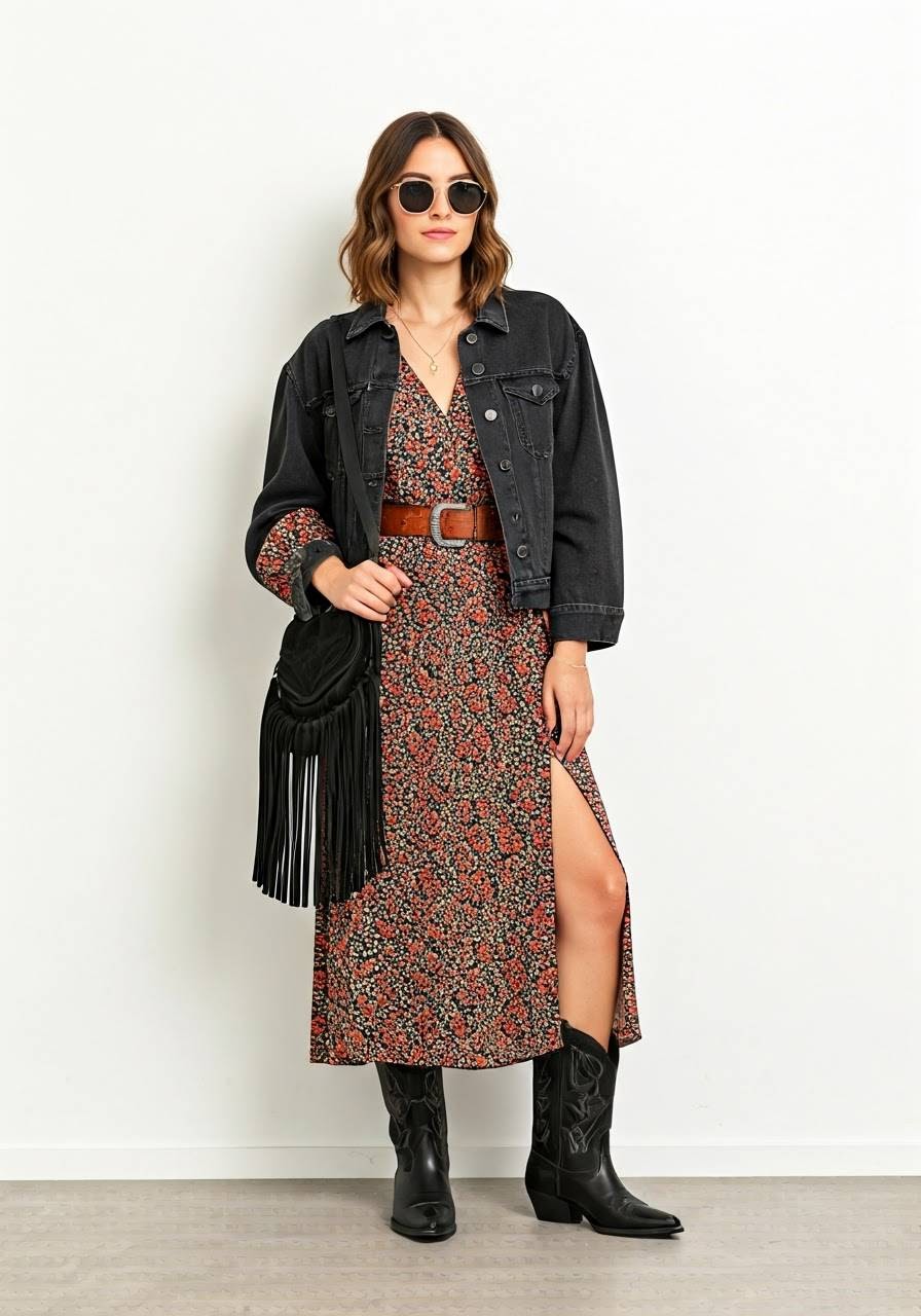 Woman wearing a floral slit dress with a brown belt, black denim jacket, black cowboy boots, and a black fringe shoulder bag, accessorized with round sunglasses.
