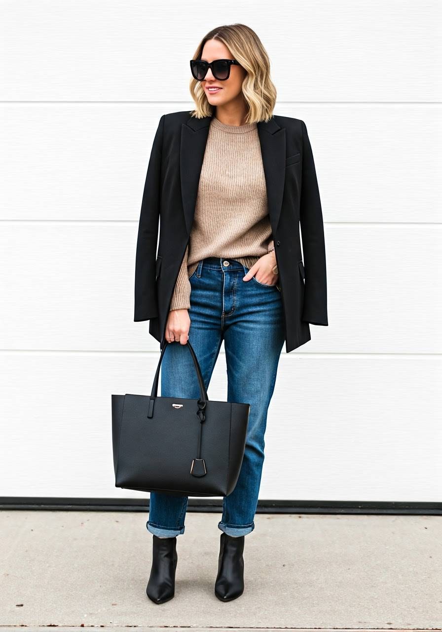 Woman wearing a black blazer, beige sweater, cuffed jeans, and black ankle boots, holding a black tote bag and wearing sunglasses.