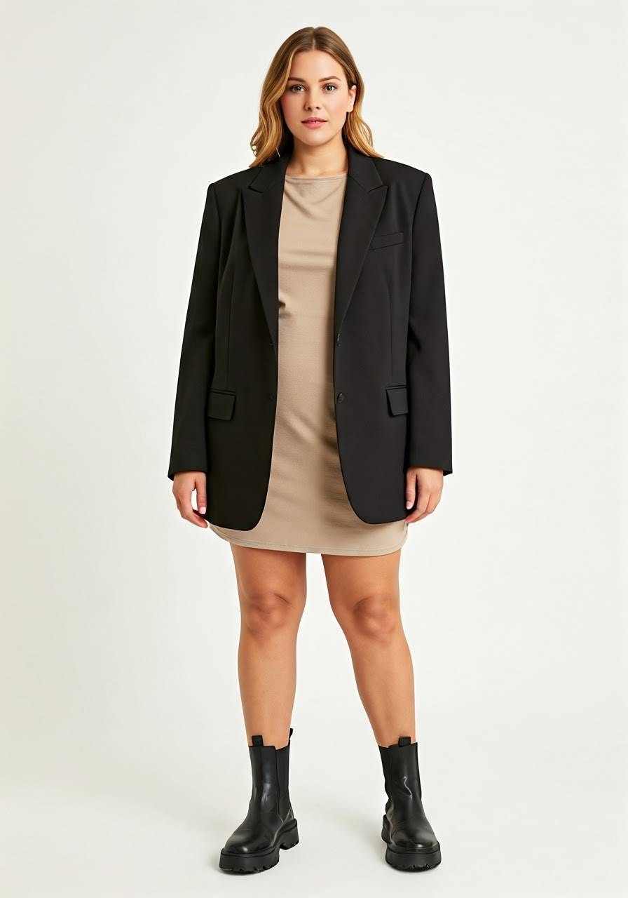 Woman wearing a beige mini dress paired with a black oversized blazer and black chunky ankle boots, standing against a plain light background.