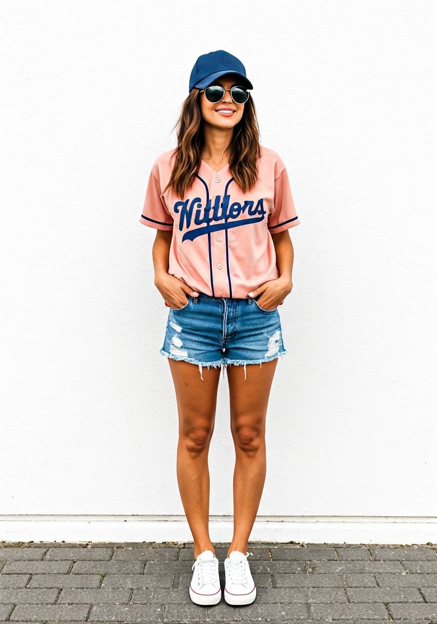 Woman wearing a pink baseball-style jersey with “Nittors” text, distressed denim shorts, white sneakers, a navy blue cap, and sunglasses, standing against a white wall.
