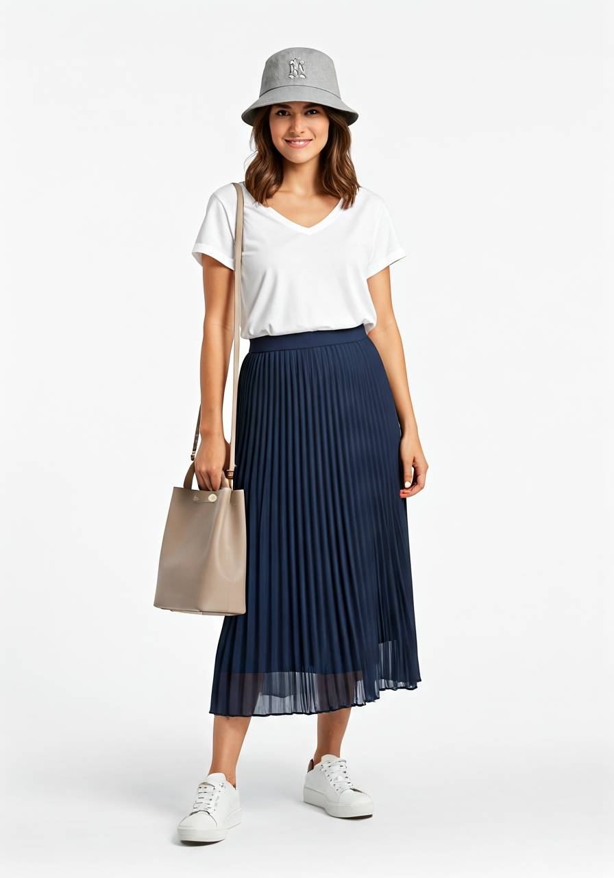 Woman wearing a white V-neck T-shirt tucked into a navy pleated midi skirt, paired with white sneakers, a gray bucket hat, and a beige shoulder bag.