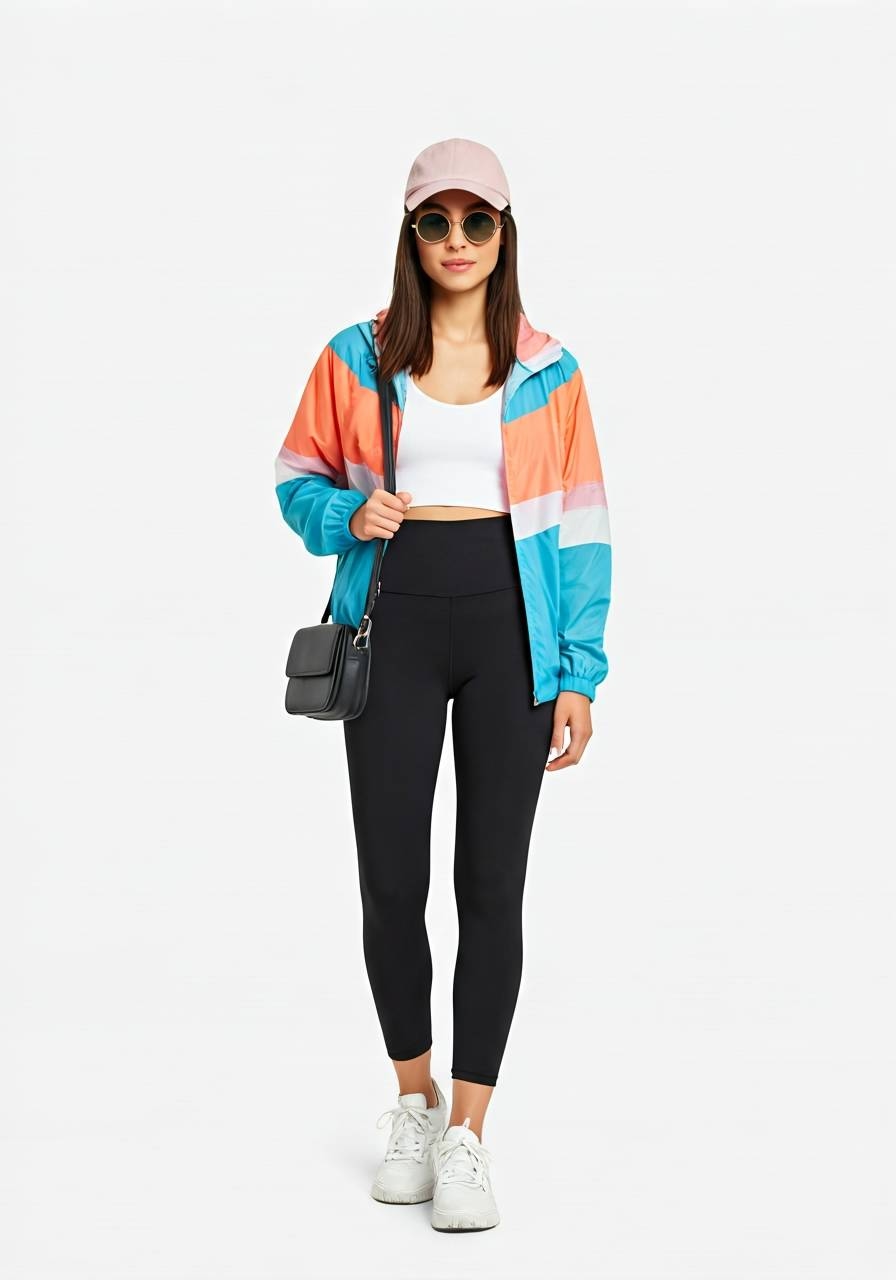 Woman wearing a colorful windbreaker jacket over a white crop top, paired with high-waisted black leggings, white sneakers, a pink baseball cap, round sunglasses, and a black crossbody bag.
