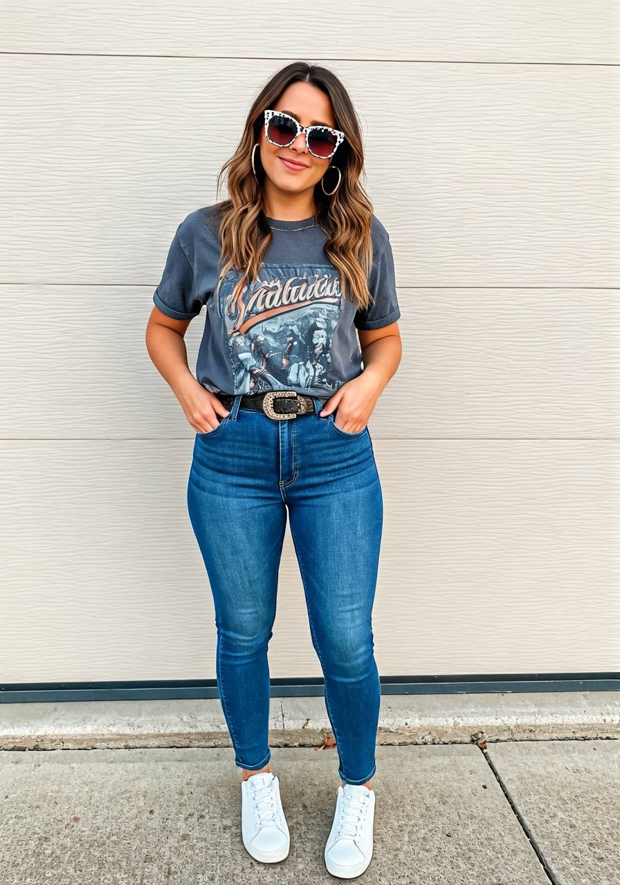 Woman wearing graphic band t-shirt tucked into high-waisted skinny jeans with a western-style belt, paired with white sneakers and bold cat-eye sunglasses.