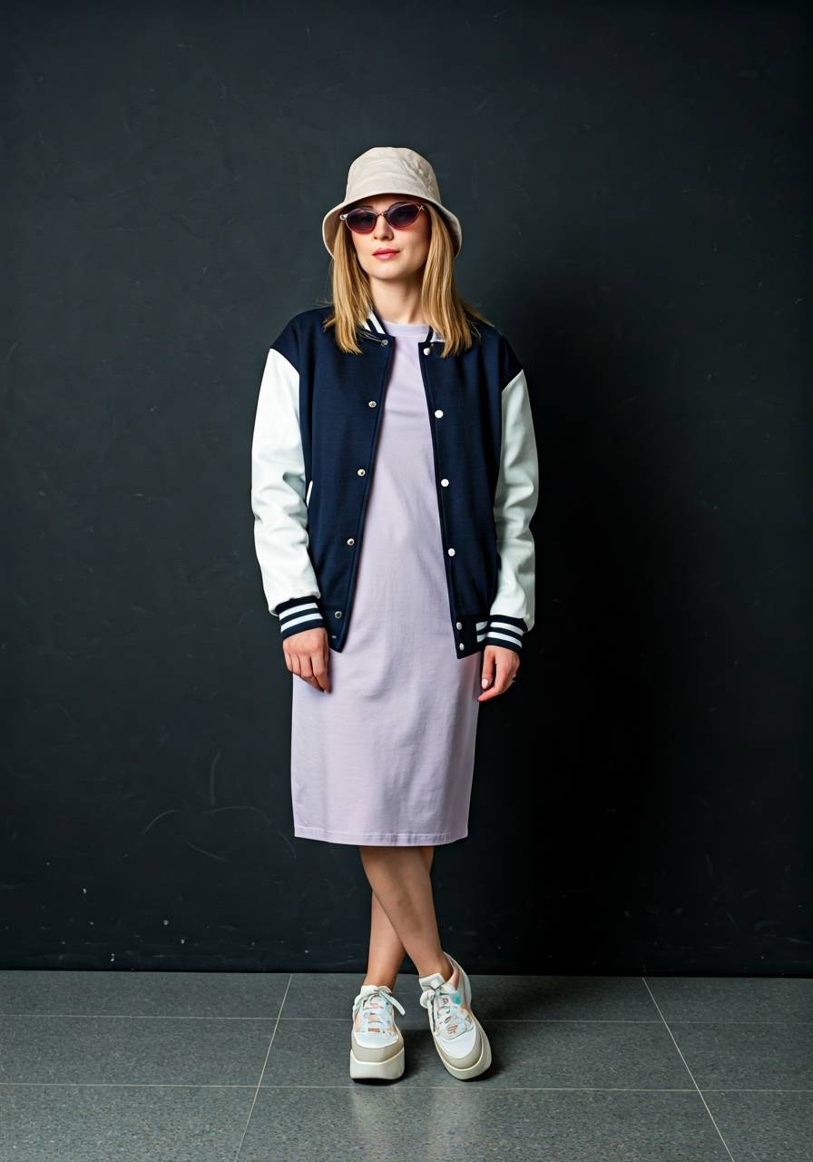 Woman wearing a beige bucket hat, dark sunglasses, navy and white varsity jacket, light purple knee-length dress, and chunky sneakers, standing against a dark background.