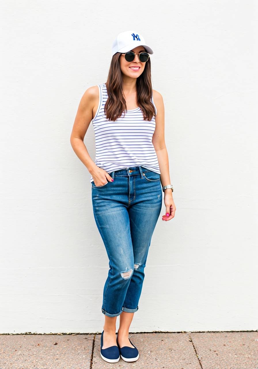 Woman wearing a white cap with blue “NY” logo, striped sleeveless tank top, cuffed ripped blue jeans, navy flats, and round sunglasses, standing against a white wall.