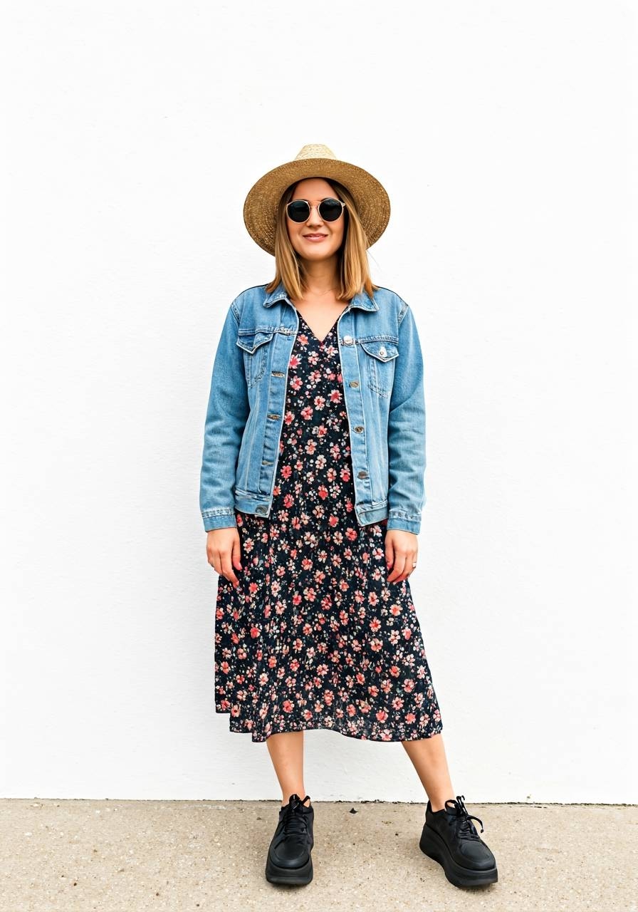 Woman wearing a straw hat, round sunglasses, a denim jacket over a black floral midi dress, and black lace-up platform shoes.