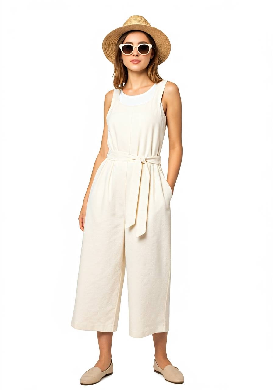 Woman wearing a sleeveless cream-colored belted jumpsuit with wide legs, paired with cream flats, a straw hat, and white sunglasses.