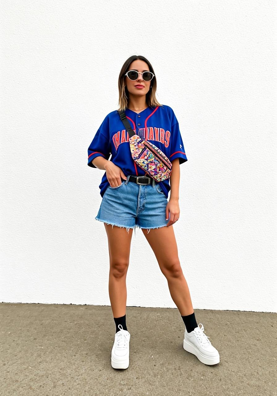 Woman wearing a blue oversized baseball jersey with red trim, distressed denim shorts, platform white sneakers with black socks, round sunglasses, and a colorful crossbody fanny pack.