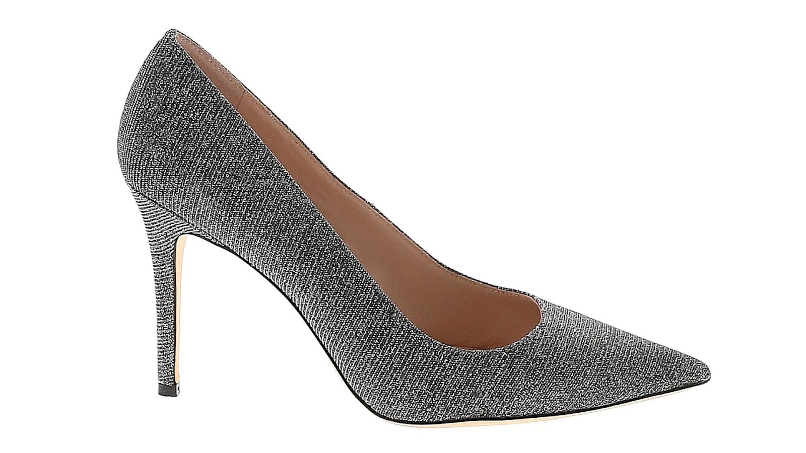 A pointed-toe heel against a white background.