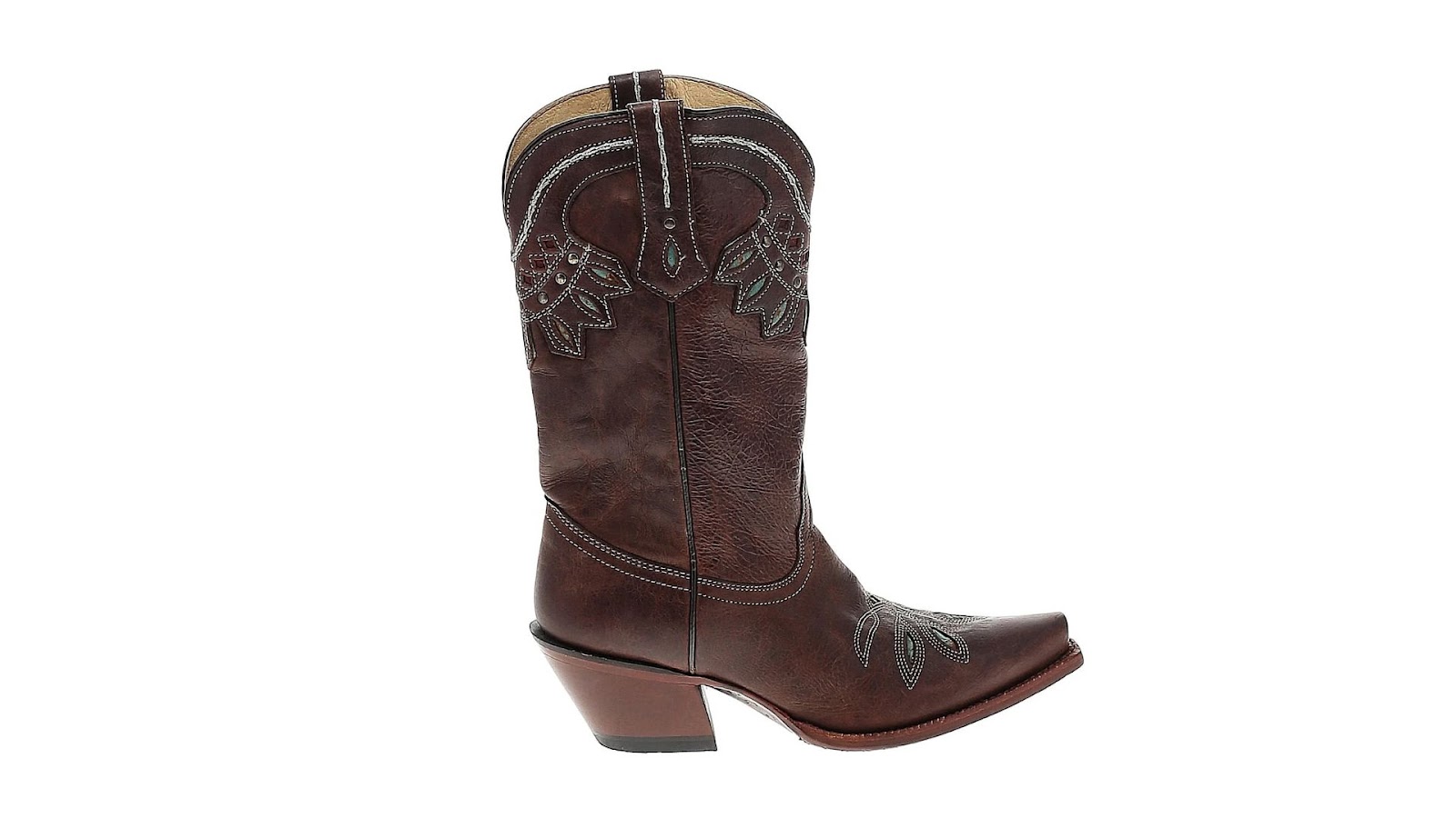 A brown cowboy boot with a design.