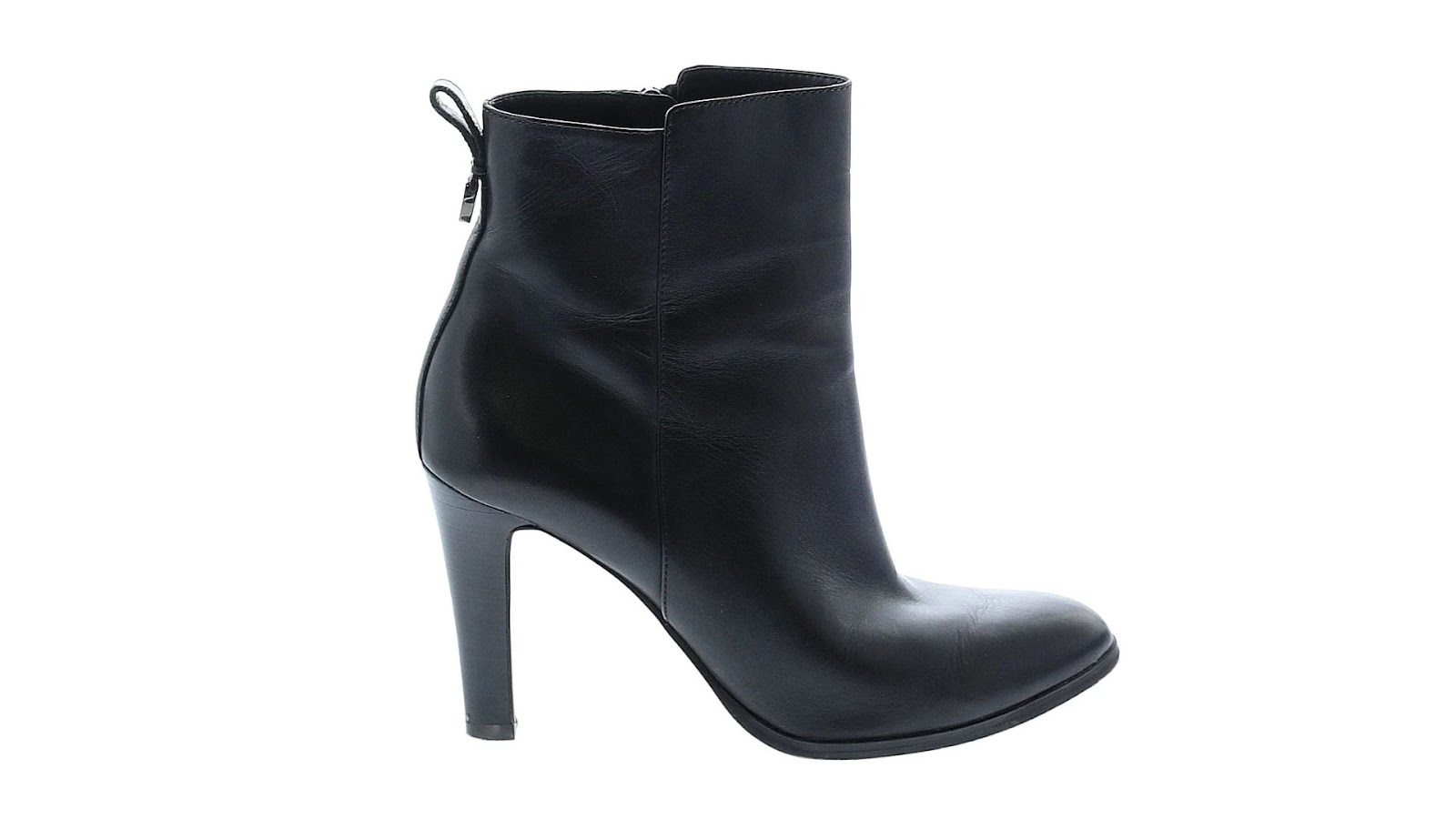 A black high-heeled ankle boot.