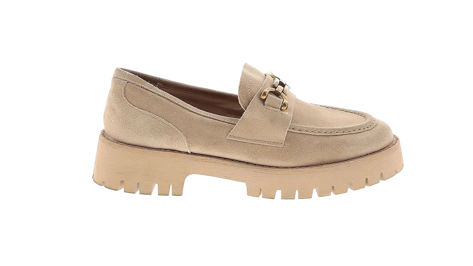 A camel leather loafer.