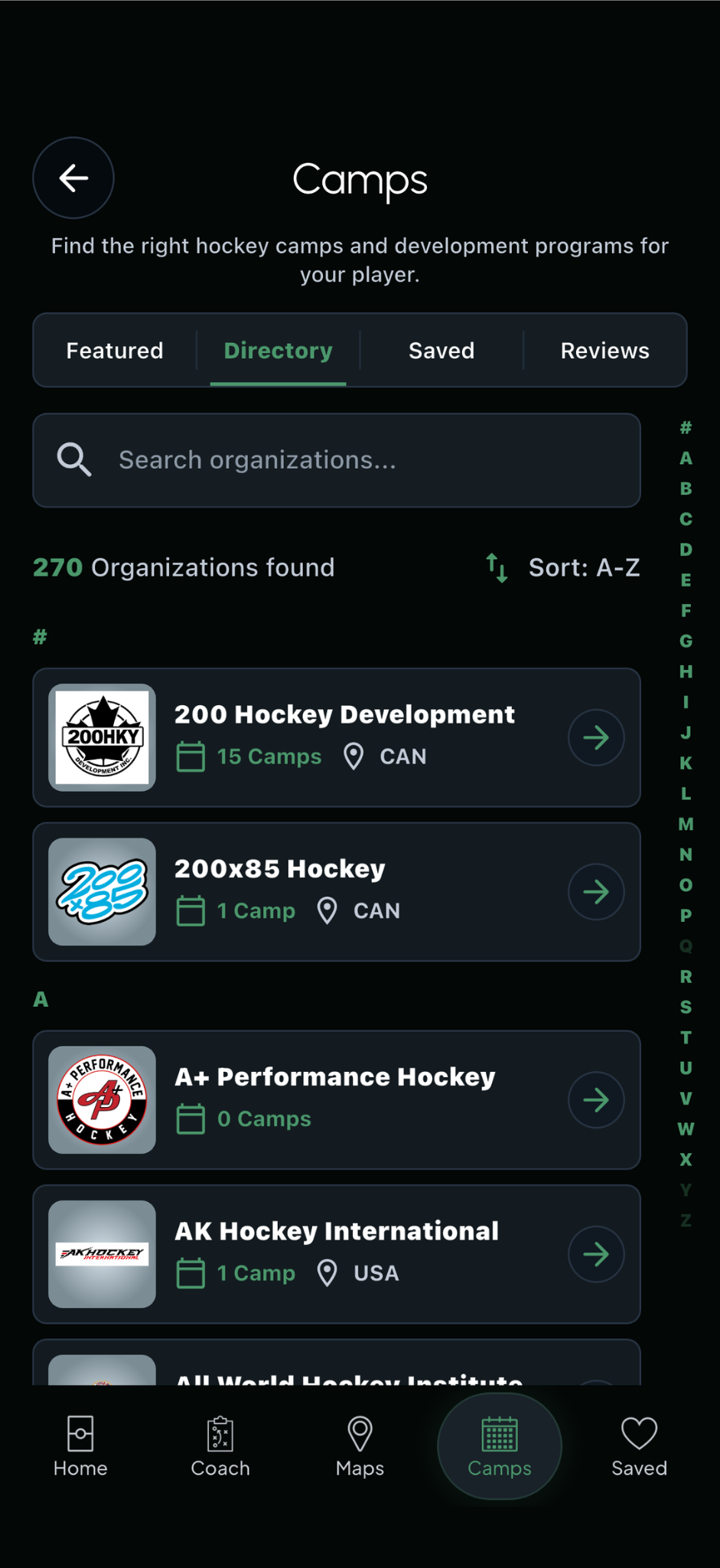 screenshot of camp directory