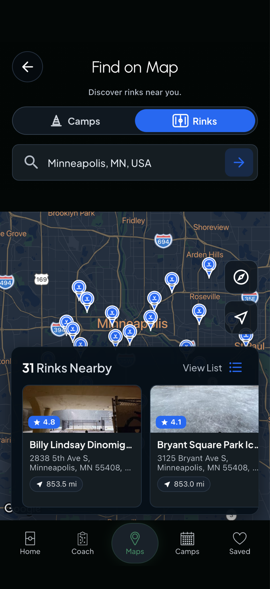screenshot of rink locator map