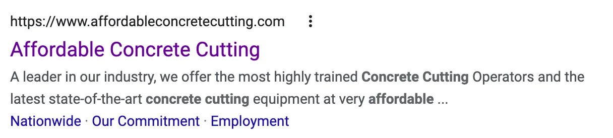 Affordable Concrete Cutting Google search result showing a meta description used to explain the page content to search engines.