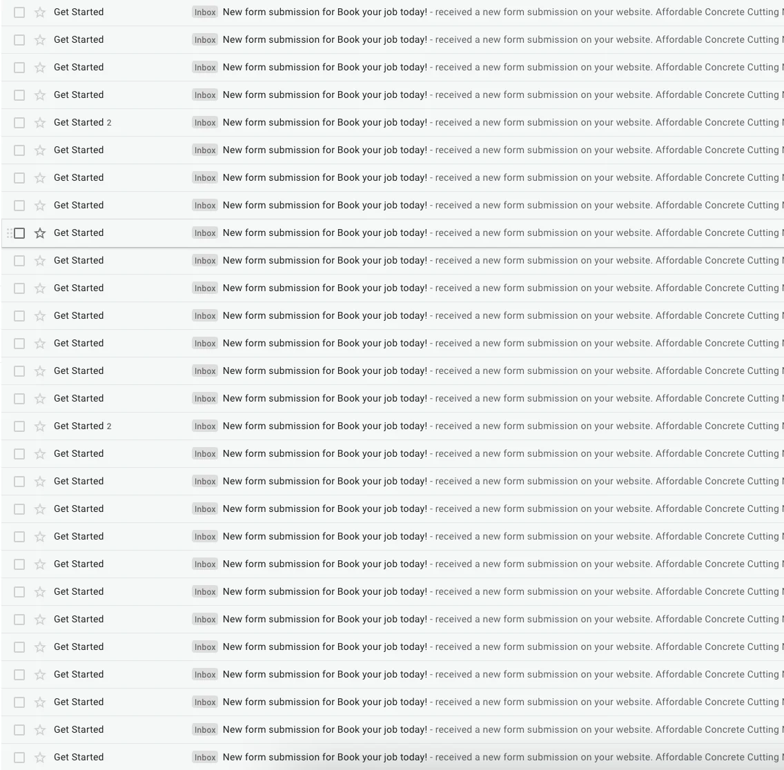 Affordable Concrete Cutting inbox filled with new “Book your job today” form submissions from SEO-driven website traffic.