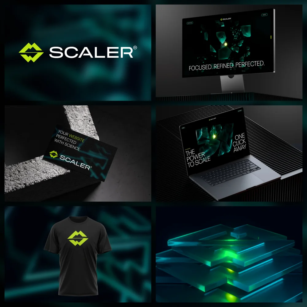 Scaler brand identity system showing consistent logo, website, print, apparel, and visual design touchpoints