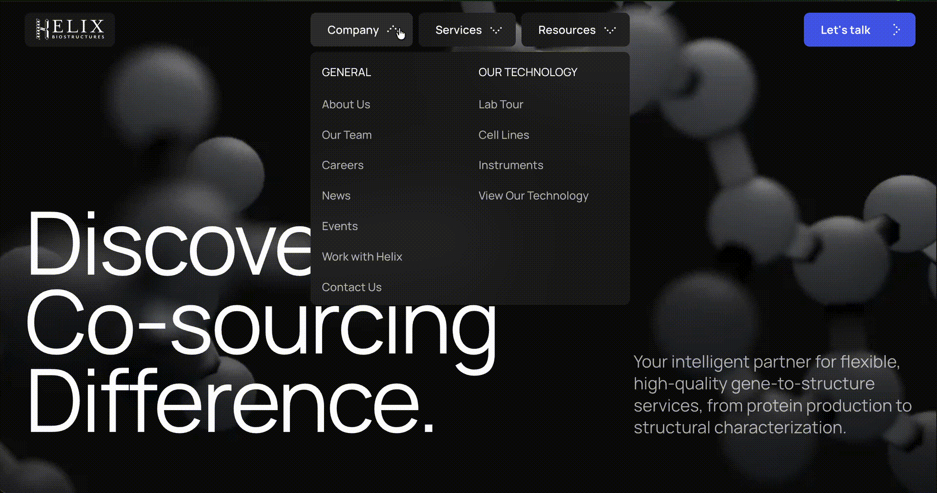 Helix Biostructures website navigation menu showing dropdown links and molecular imagery