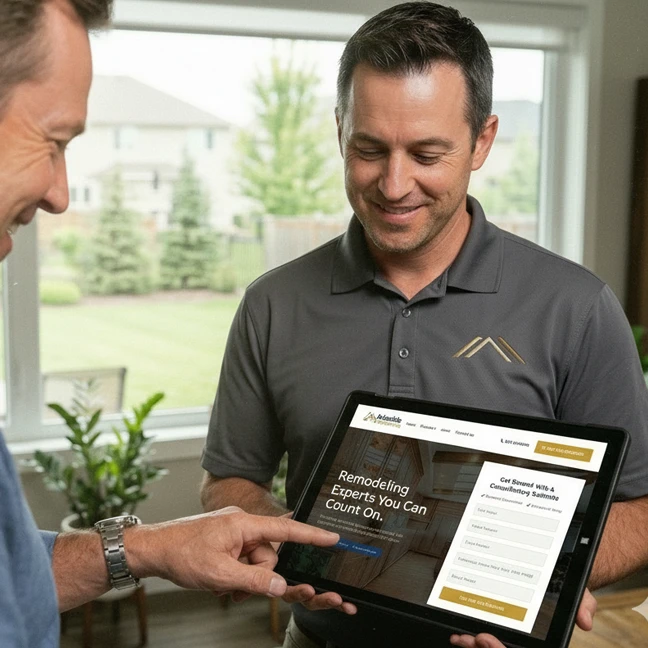Roofing customer looks at site.