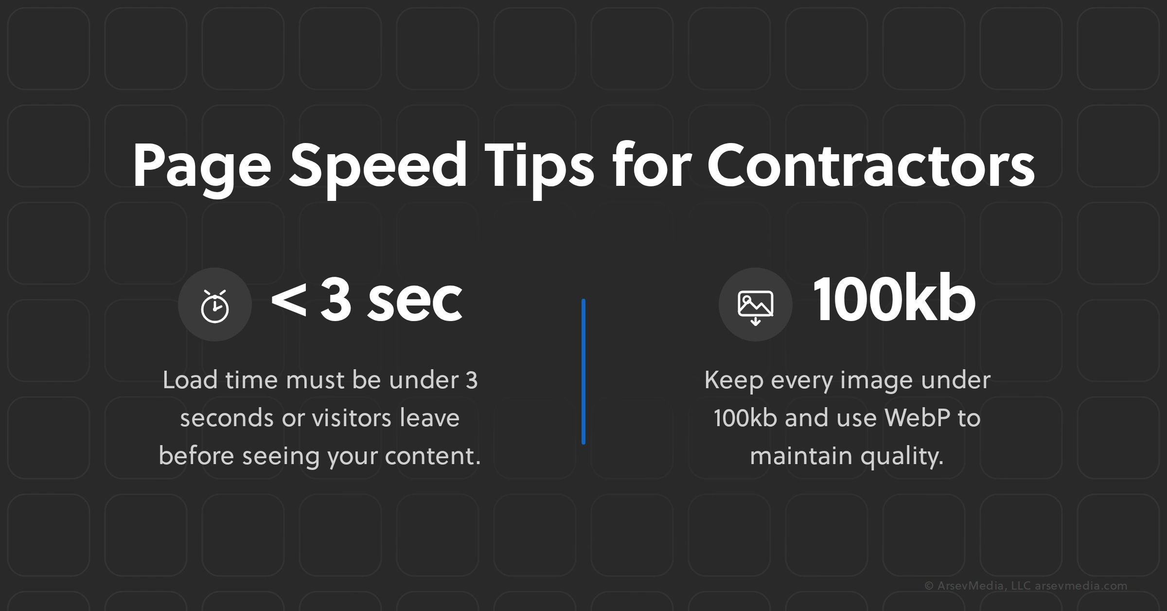 Page speed tips for contractor websites, load time under 3 seconds and images under 100kb.