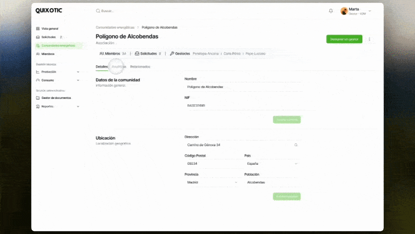 Interfaz de QUIXOTIC para comunidades energeticas