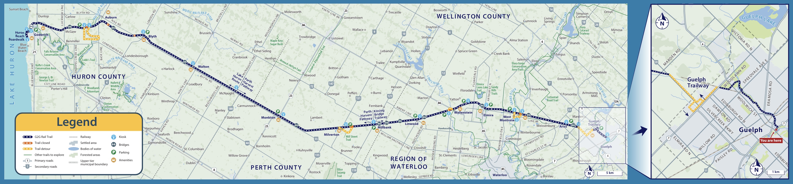 A map of the entire trail as it progresses from Goderich to Guelph with a side panel for the city of Guelph
