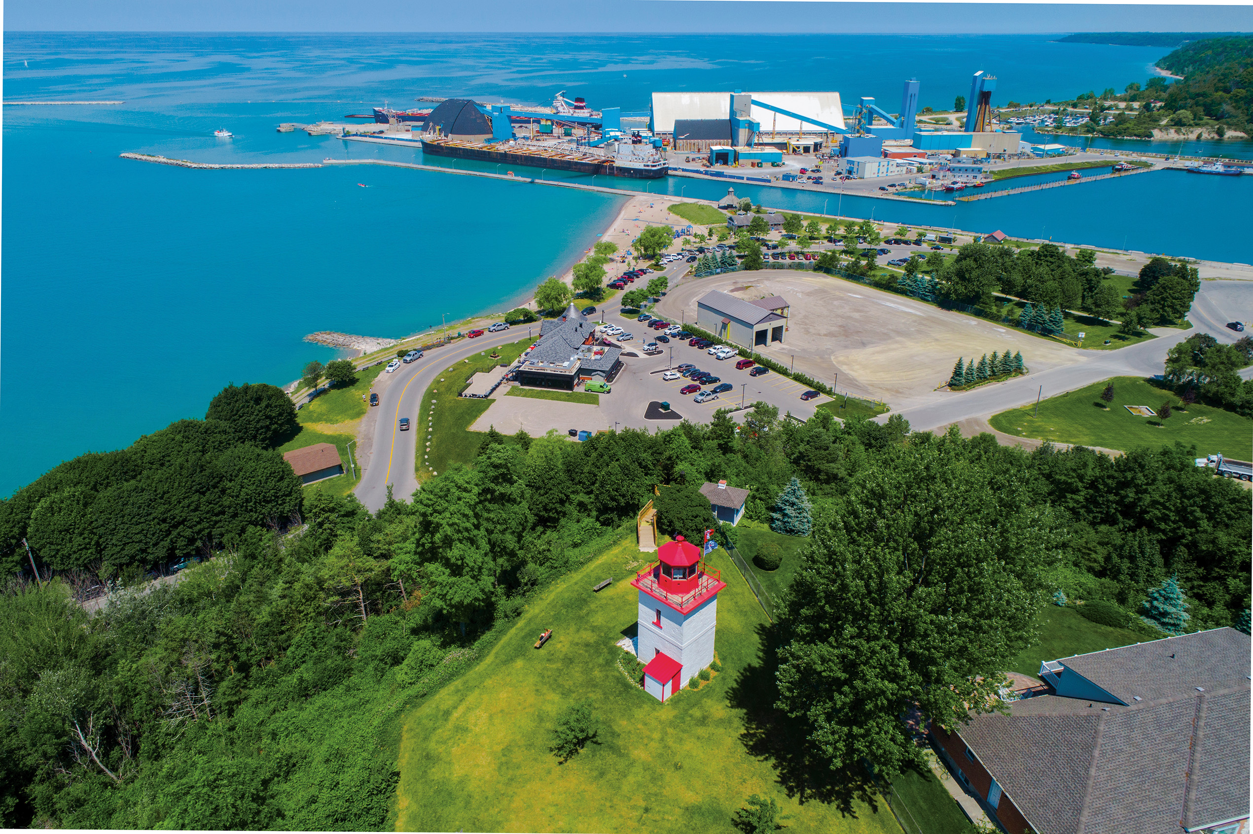 Overhead shot of Goderich lighthouse and harbour