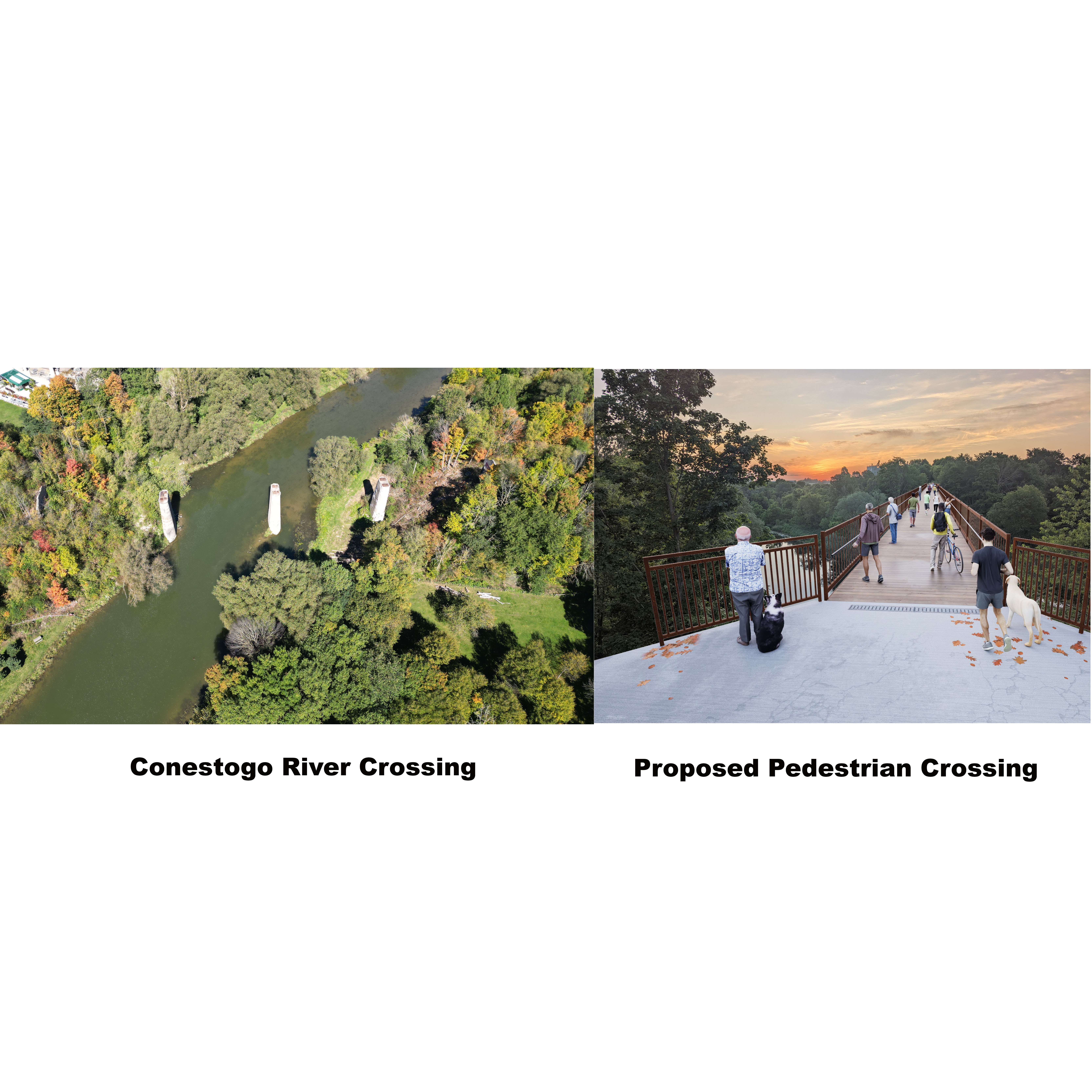 Picture of the present crossing at river with no bridge and picture of proposed pedestrian crossing