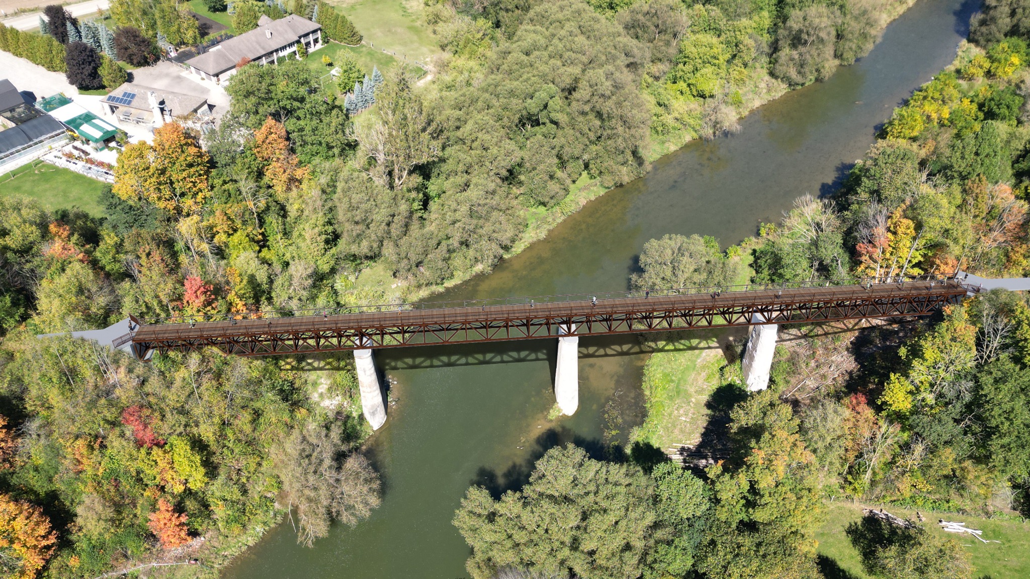 Aerial concept rendering of the proposed Conestogo River pedestrian and cycling bridge near Wallenstein.