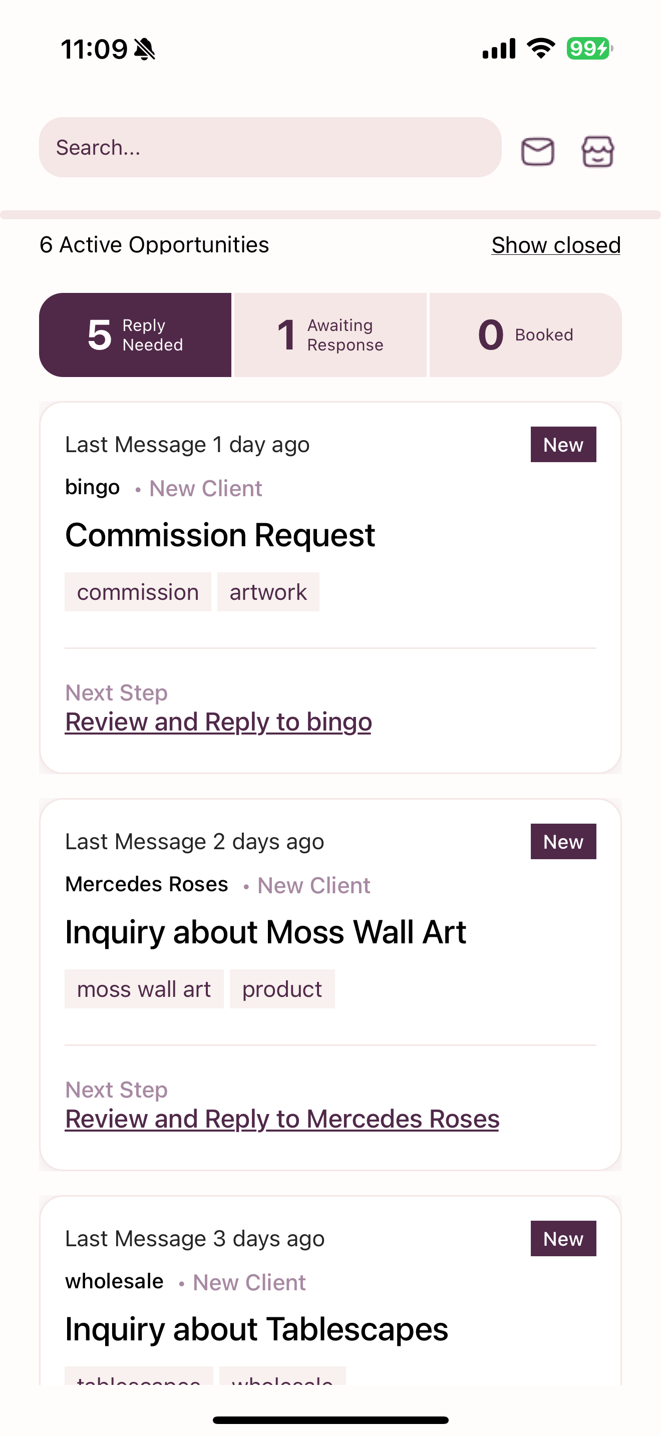 Peonies app opportunities inbox showing replies needed, awaiting responses, and new inquiries