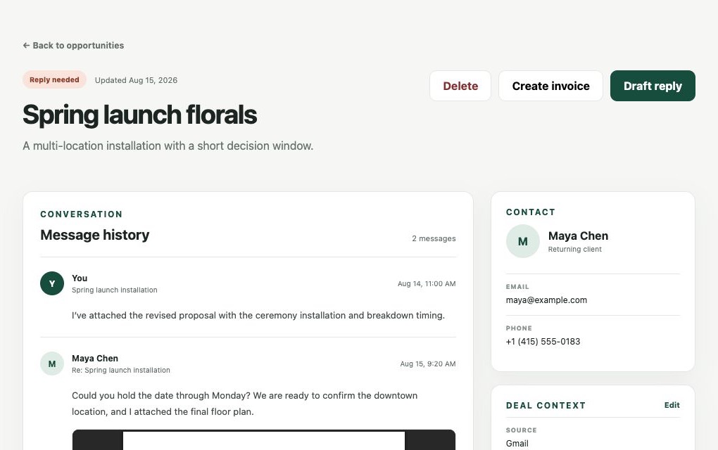 Peonies opportunity detail showing a client conversation, contact information, and deal context.