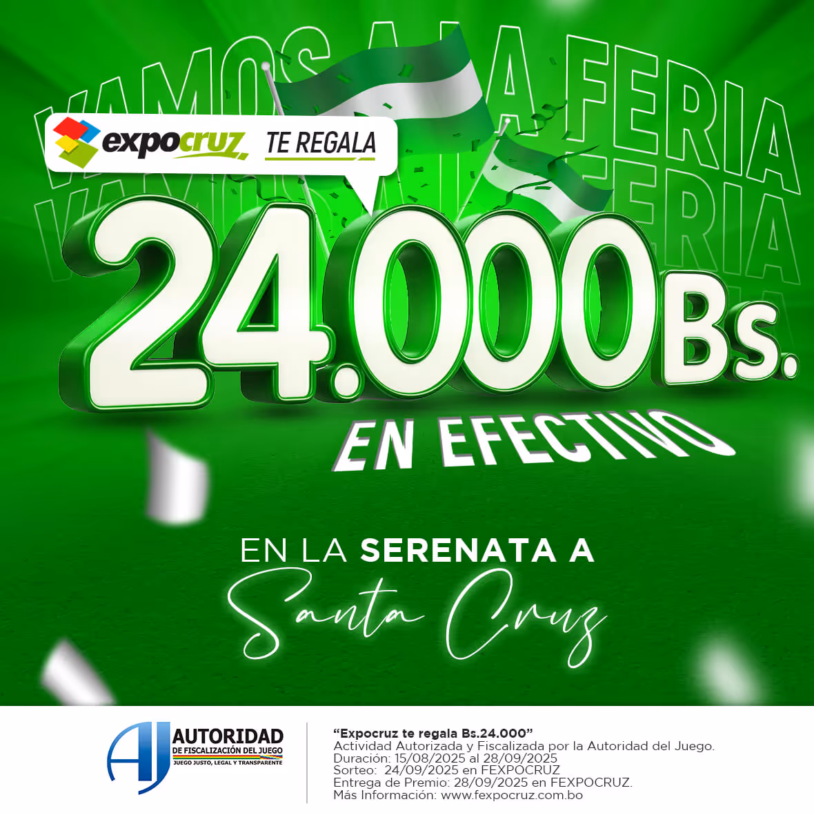 Banner Sorteo Expocruz 2025 te Regala 24.000 Bolivianos en efectivo en la serenata a Santa Cruz