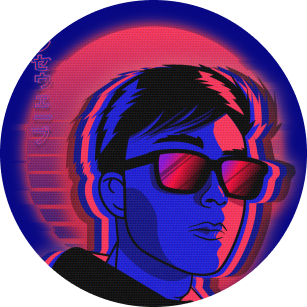 A man with sunglasses oin a red and blue neon sun background 