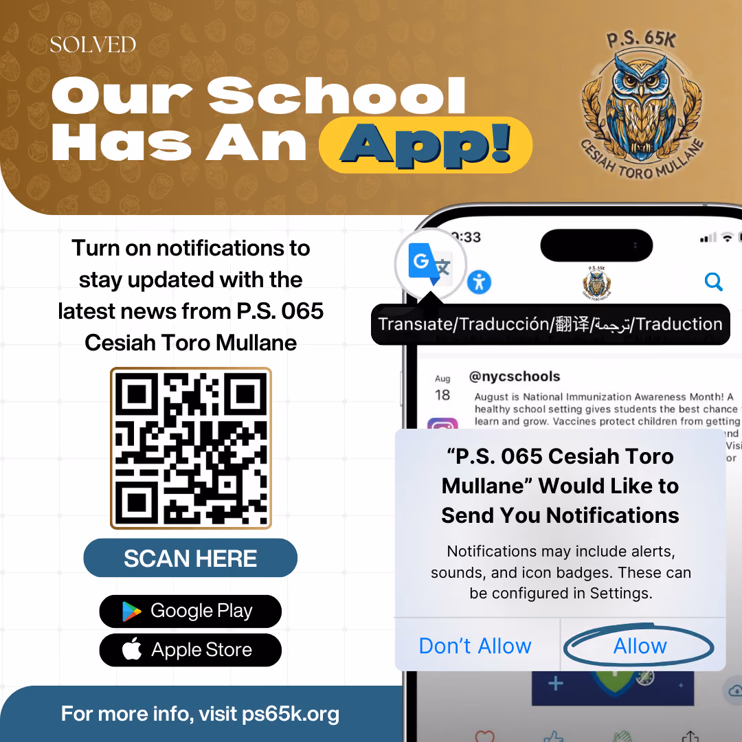 PS 65K school app flyer with QR code and download links