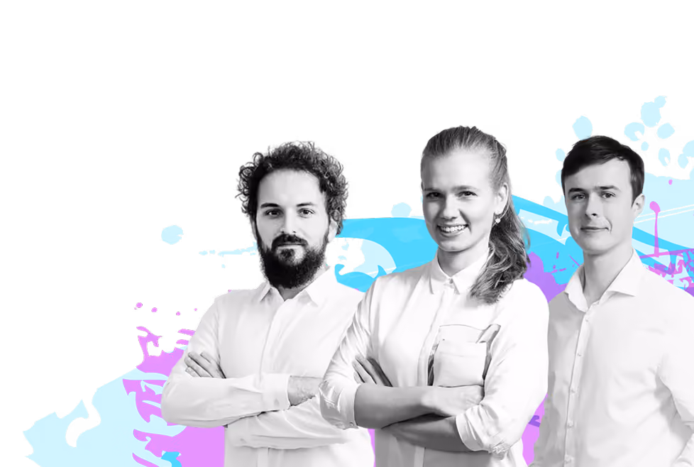 Three young professionals in white shirts standing confidently with arms crossed against abstract blue and purple shapes.