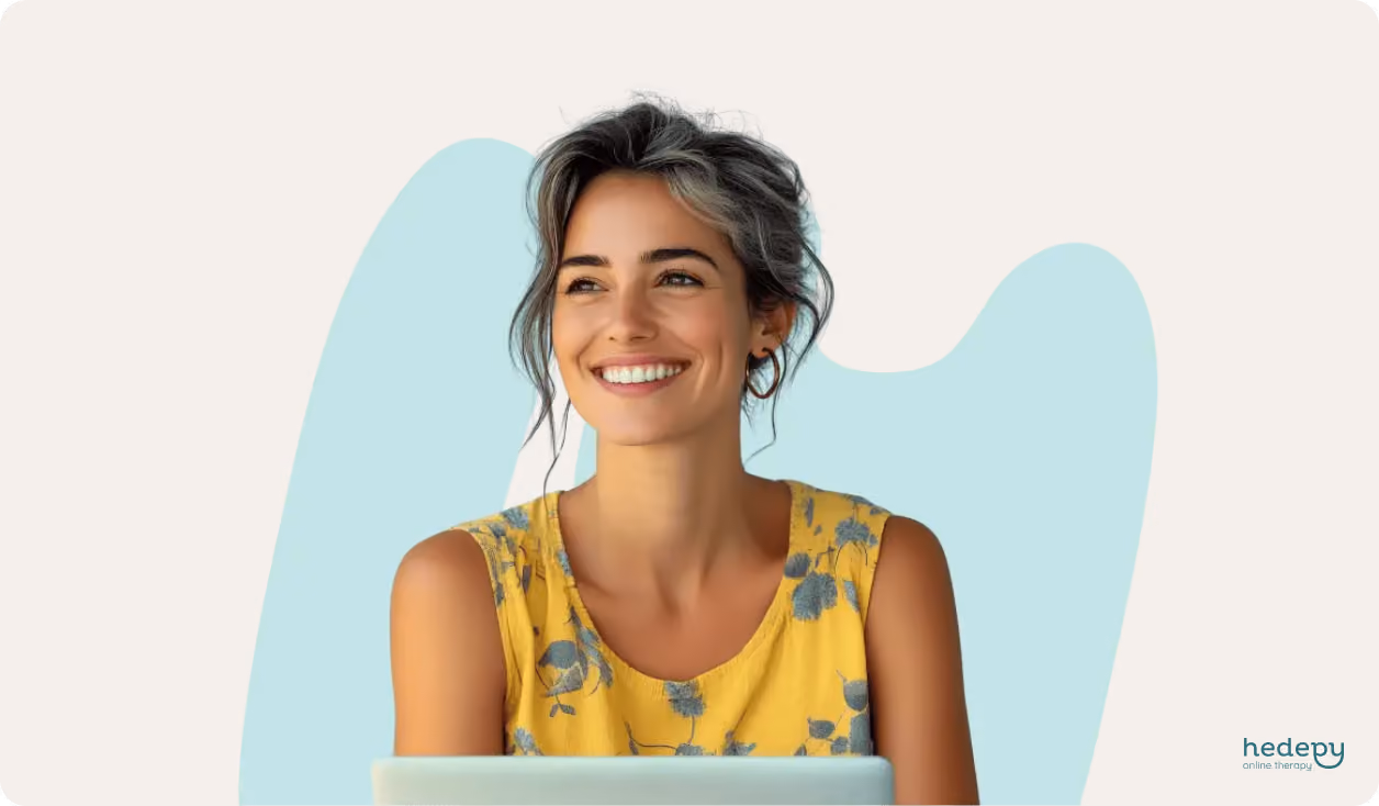 Smiling woman with gray-streaked hair wearing a yellow floral sleeveless top sitting behind a laptop.