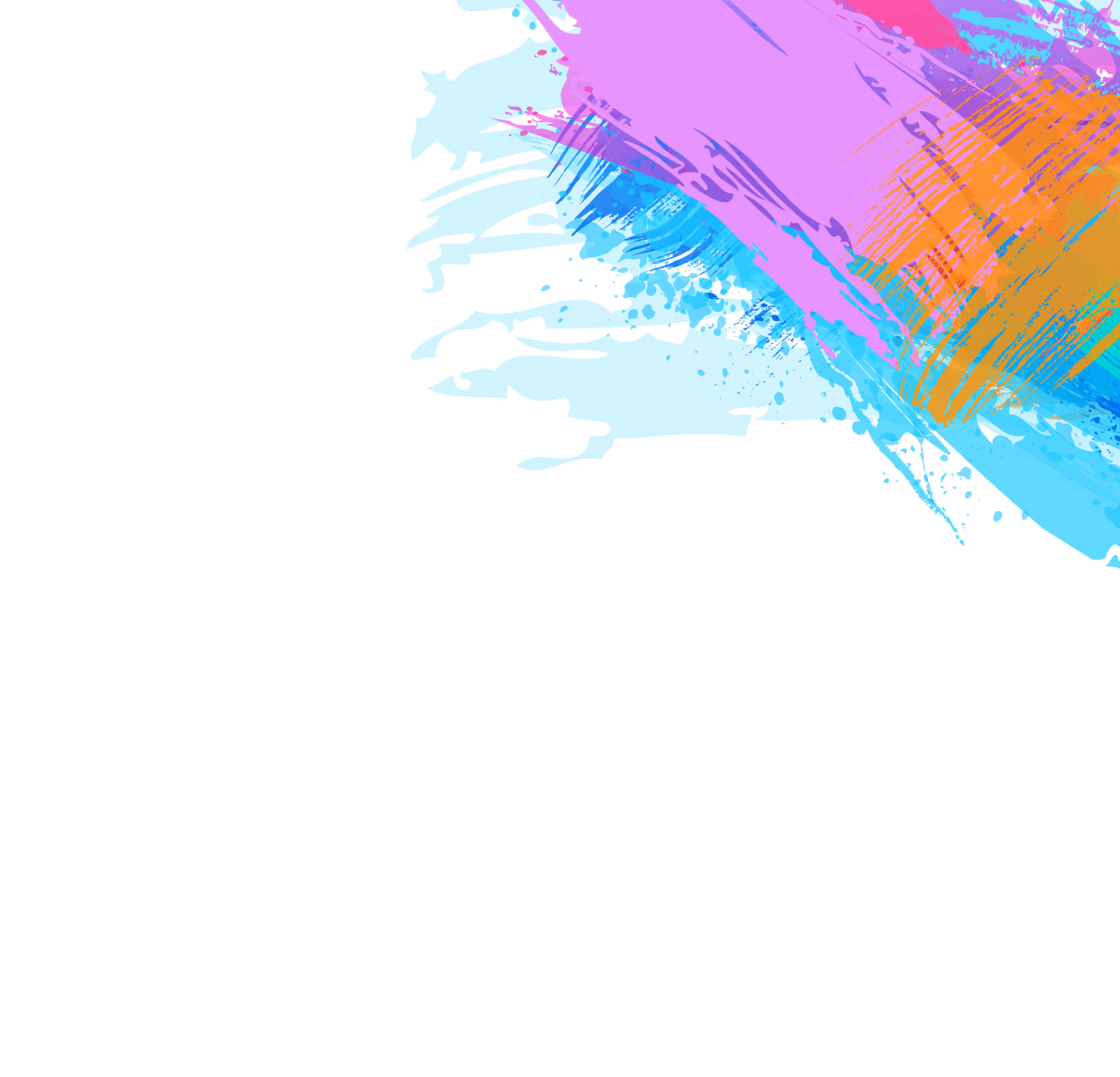 Abstract digital paint splashes in blue, purple, and orange on a black background.