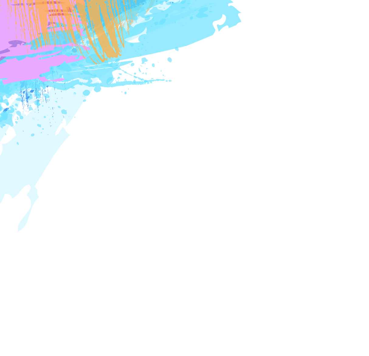 Abstract digital art with bright colors including large splashes of light blue, pink, orange, and purple on a black background.